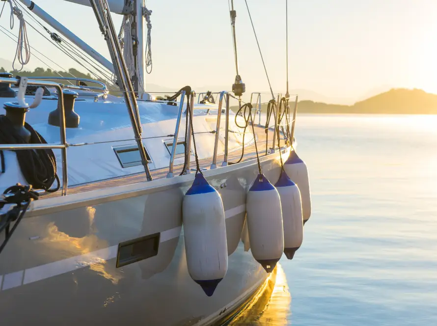 Sailing yacht anchored at sunrise, representing off-grid marine living and the importance of onboard desalination with ECHOTec Watermakers.