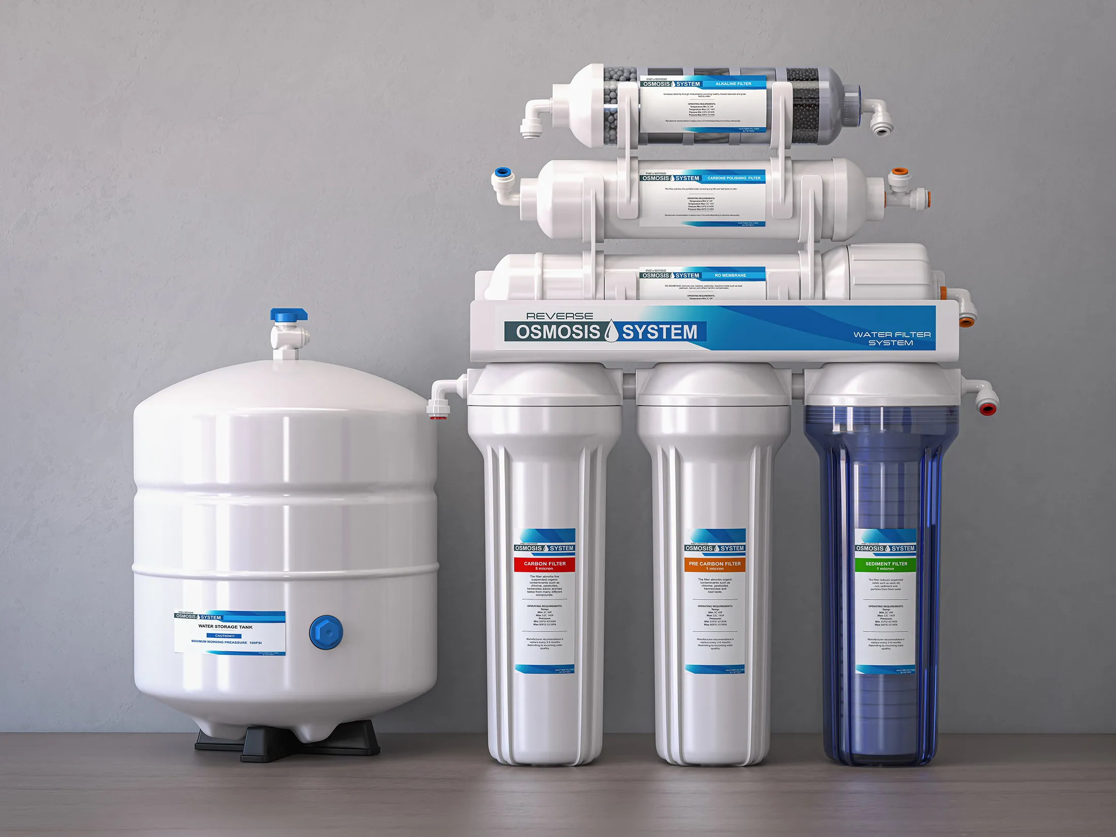 Reverse osmosis water purification system with multiple filter cartridges and a storage tank used for clean drinking water production.