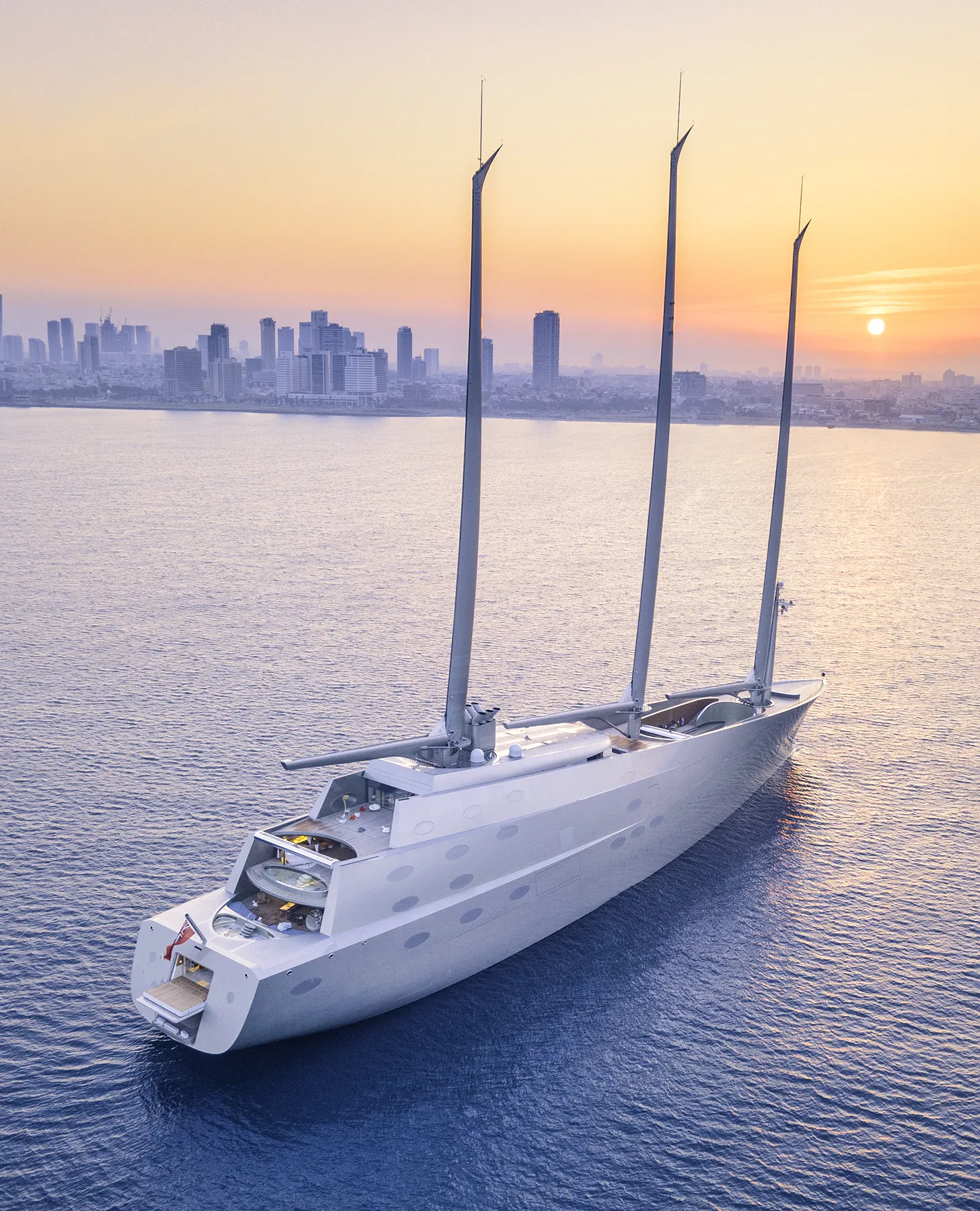 Luxury Moored Yacht Most Expensive, Tel Aviv Sunrise Cityscape Mediterranean Sea. Luxury Moored Yacht Most Expensive, Tel Aviv Sunrise Cityscape Mediterranean Sea.