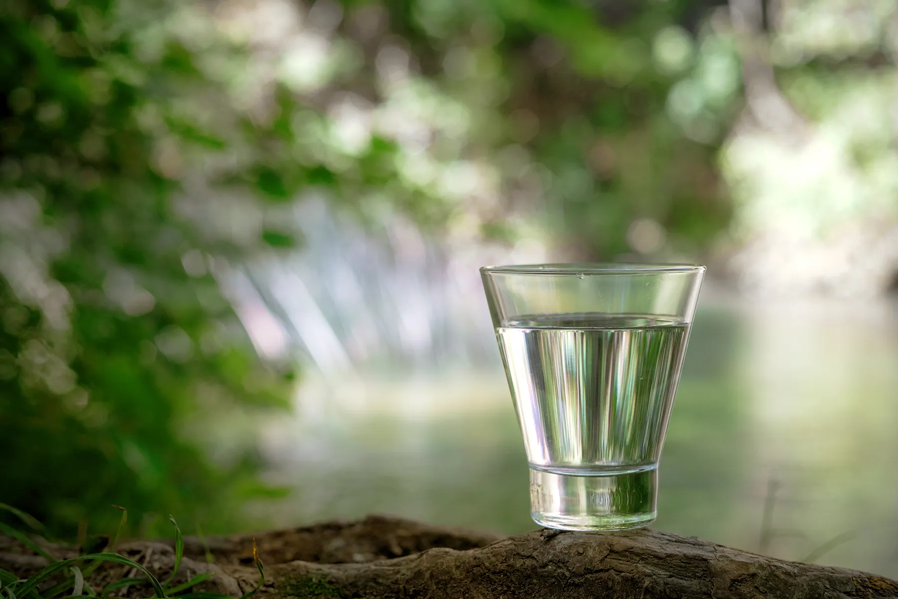 A clear glass of fresh drinking water set against a natural outdoor backdrop, symbolizing pure water produced by ECHOTec desalination systems.